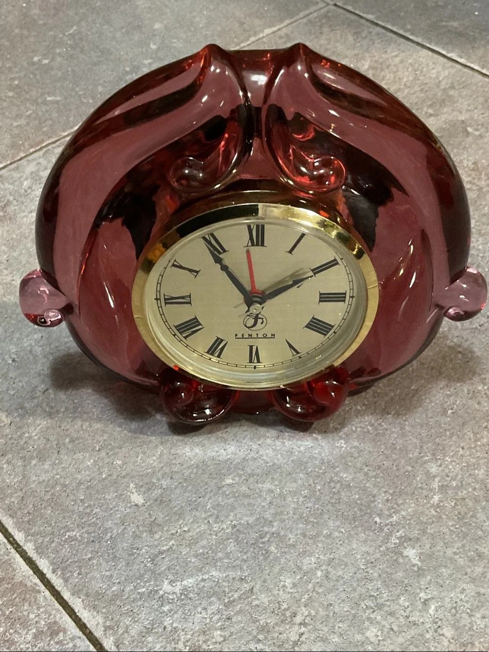 Fenton Glass Mantel Clock with Gold Bezel cranberry